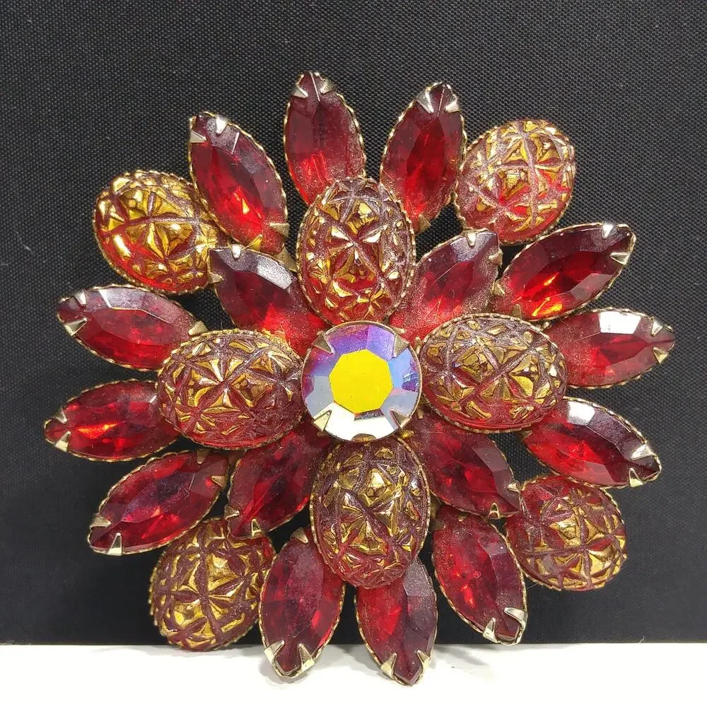 Judy Lee Red Rhinestone Brooch, Red Gold Molded Glass Petals, 1960s Vintage